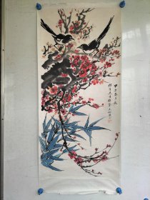 胡天如，水墨手绘花鸟画一副，旧托片。尺寸100x47厘米