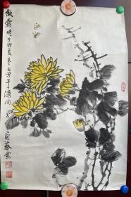 已故北京名画家、许麟庐、黄均弟子 蔡云 1988年作菊花蜜蜂 68×45cm