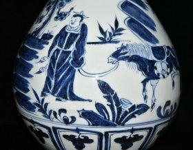 元白浒孤窑青花萧何追韩信人物故事纹玉壶春瓶【 44.7x26cm 】