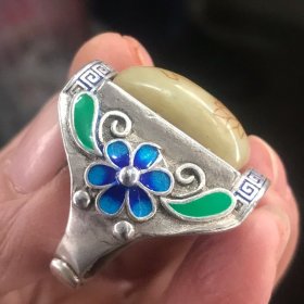 古玩收藏玉石老气包浆和田玉旧藏镶嵌莲花佛字戒指转运指环