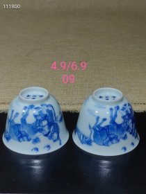 全美品青花人物品茗杯一对，尺寸4.9/5.9