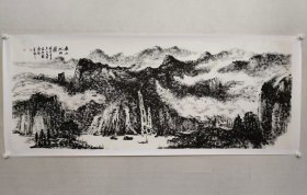 庐山市美协主席，陈火箭焦墨山水画69.5×179cm《庐山》小六尺。陈火箭，江西九江市庐山人。现为国家一级技师、中国美术家协会会员、庐山市美术家协会主席。（保真书画）