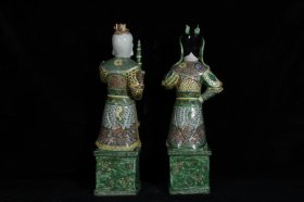 旧藏 清乾隆 五彩哼哈二将 尺寸49x20厘米