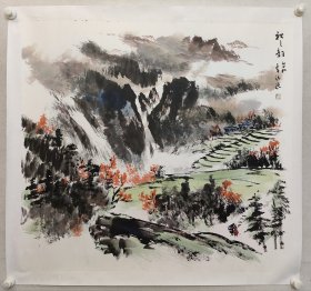 保真书画，台湾著名画家，李沃源山水画《秋之韵》90*98cm，纸本托片。