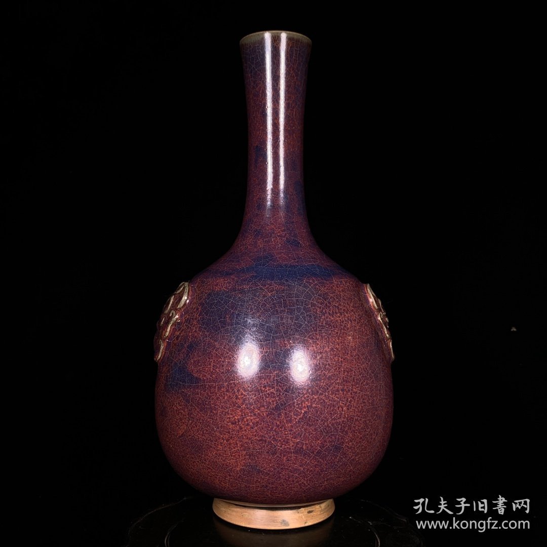 瓷瓶：钧窑玫瑰紫釉兽头瓶，高32.5直径16cm