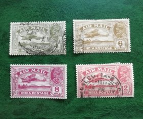 印度航空邮票 1929-30年 乔治五世和飞机信销票4枚。最高值荟儿在，只差两枚最低值成套