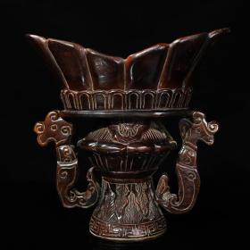 旧藏牛角雕刻古龙杯摆件，长18厘米宽9.5厘米高18厘米，重808克，