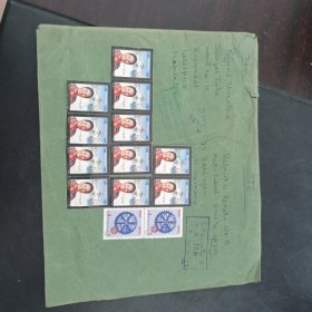 尼泊尔寄德国航空实寄封一枚，贴13枚尼泊尔邮票，尼泊尔封和票都很少见，尺寸大封，本店邮品满25元包邮。本店还在孔网开“韶州邮社”，