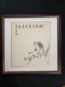 日本回流色纸，卡纸画，不带框，猴子，画面印刷，题词和章款自己鉴别是否印刷。