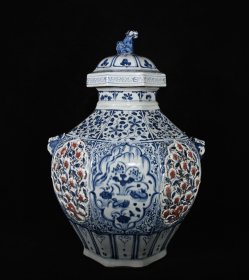 元青花釉里红松竹梅纹捏花兽头盖罐，高50×35厘米