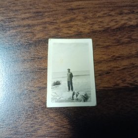 老照片–中年军人站在海边礁石上留影（胸前佩戴毛主席像章）