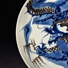 清晚期青花釉里红过墙龙纹盘 高5.8厘米 宽26.8厘米