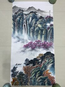 山水画，春色满园，写意画法，皴法点染，纯手绘，假一赔万，正面一幅画，背面一幅画，都是本人精心收藏的，辽宁省美协老师杜文君的原创大作，笔法苍劲有力，浓淡干湿焦，行云流水，整个构图非常棒。1.38米×70的，四尺整张竖幅的，家里客厅，卧室，书房都可悬挂，特别是玄关和中堂挂，非常合适，非常大气，家中有字画，必是富贵家，闭眼入，真的特别好看。