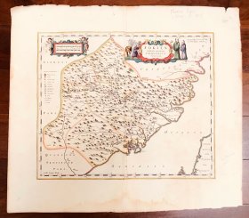 【极稀，初版初印】1655年，约翰尼斯 布劳（Johannes Blaeu）《中华帝国第十一行省福建省地图》，拉丁语，布劳画内签名（左下角），欧洲最早的中国福建省区域地图，极为珍贵稀见，原始手工着色铜版雕刻，加厚直纹纸，大象对开，画面 41 x 49 厘米（15 3/4 x 19 英寸），纸张 56 x 63 厘米（19 7/8 x 24 英寸），品相佳。