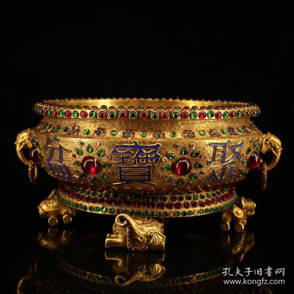 珍藏乡下收清代纯铜纯手工打造镶嵌宝石宝石鎏金聚宝盆一个 一个重4300克 直径32厘米 高15厘米