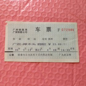 早期电子火车票收藏：广州铁路局广深铁路公司(车票）深圳/深21次/樟木头（96.05.13，72986）