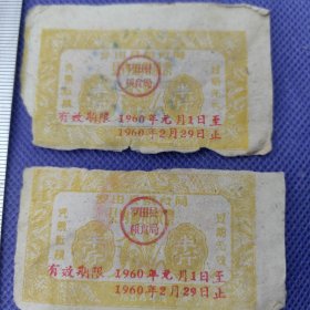 【罗田县粮食局县内通用粮票~半市斤（1960年元月~2月）】2枚合售/品差慎购！（12）