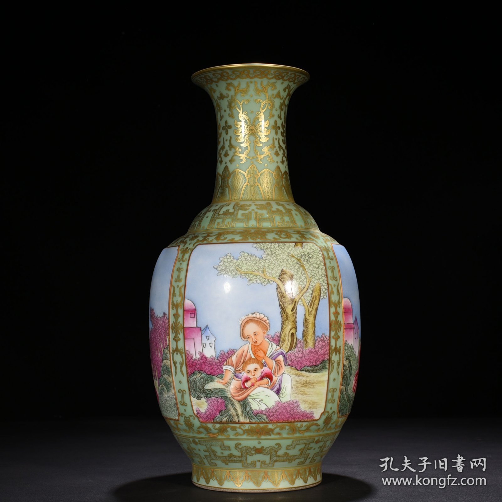 旧藏 清乾隆粉青釉珐琅彩描金西洋人物纹瓶 45*23厘米