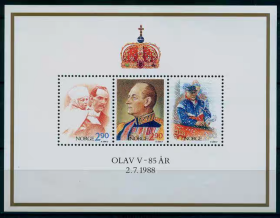 S219挪威 1988年名人人物 挪威国王 奥拉夫五世85岁寿辰 现代奥运会上首个获取奥运金牌的王室成员 小全张 新
