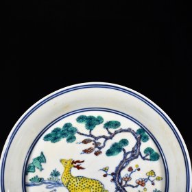 瓷器 明成化斗彩福夀延年松鹿图盘 高3.3厘米 宽16.5厘米