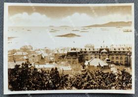【青岛旧影】抗战时期 从观象山远眺胶澳总督府大楼建筑群及小青岛等风景 原版老照片一枚