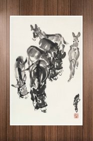 黄胄 六驴图 53x35cm宣纸高清微喷装饰画芯 国画临摹鉴赏范例