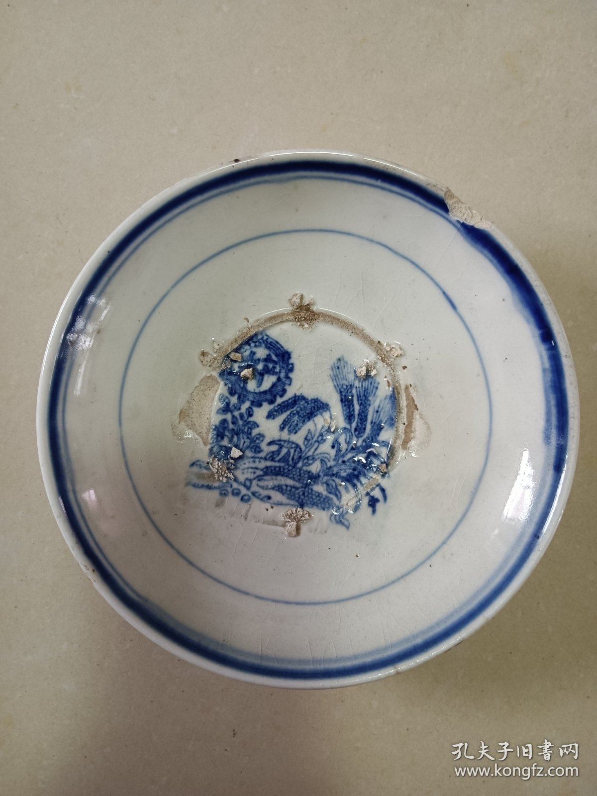 手绘青花丰产 老盘子 口沿残磕底窑粘 直径16.5