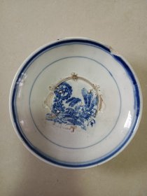 手绘青花丰产 老盘子 口沿残磕底窑粘 直径16.5