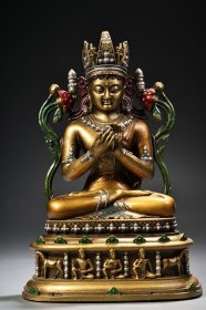 珍品旧藏收纯铜全铜高浮雕錾刻彩绘描金五方佛弥勒佛佛像一尊 工艺精湛 造像精美 重1500克 高26厘米 宽15厘米 255536