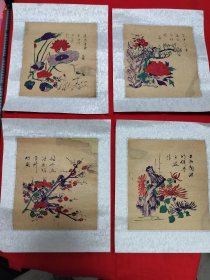 清代大顺商号，彩色套印半印半绘，春夏秋冬年画四张镜心。25/27/4