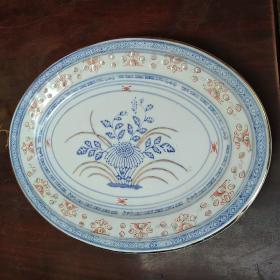 景德镇十大瓷厂青花玲珑描金瓷盘鱼盘 碟子/盘子 老厂货