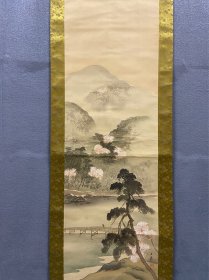 羽田月洲，清代末期日本画家《岚峡之春图》，原题老共箱，板绫精美装裱，只售材料价。