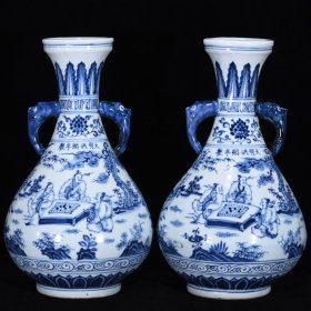 明洪熙青花松下对艺人物双耳瓶，高34厘米，直径21厘米