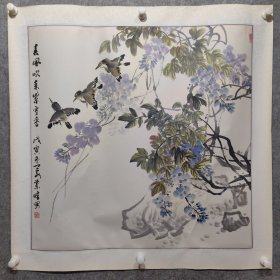 山东掖县籍著名画家 杨宝祥 花鸟精品一副之二， 原装旧裱 背面满氧化黄斑 见图 保真出售 杨宝祥 出生于山东掖县。自幼酷爱美术艺术，1966年毕业于上海美术学院。在中国京剧院从事舞台美术工作。擅长画山水花鸟，尤其擅长画梨花。多幅作品被国内外知名机构收藏。多次在国家美术馆参展。