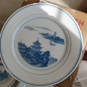 醴陵瓷器群力，轴下青花山水岳阳楼，瓷盘
