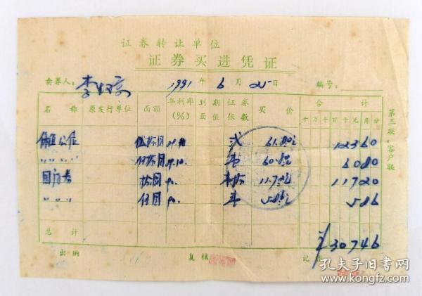 1991年中国人民建设银行证券转让单位证券买进凭证（购买保值公债和国库券）