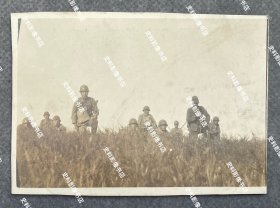 抗战时期 中国华东地区战略高地上埋伏在草丛里伺机待发的日军将兵 原版老照片一枚
