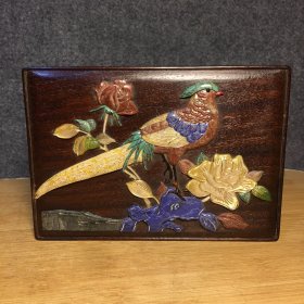 旧藏大叶黄花梨百宝镶嵌盒子，长20厘米，宽14厘米，高8厘米，重705克