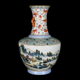 清乾隆粉彩山水亭台楼阁纹双耳瓶，25.5×17厘米