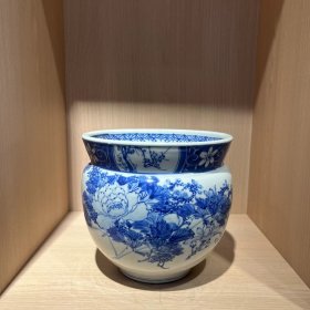 日本收瓷器 江户 手绘 老青花盆栽 花瓶 摆件#10154
