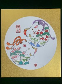 日本回流色纸，卡纸画，猪年色纸，圆窗两只福猪。品相完美，章款自识