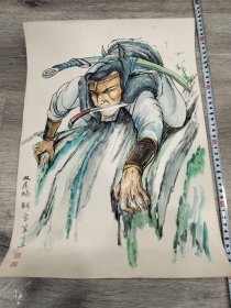 知名画家手绘—四大名著—水浒传梁山英雄人物双尾蝎解宝，人物表情栩栩如生。尺寸：44.2cmx31cm