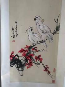 著名画家金默如枫叶鹦鹉图轴，52/90CM