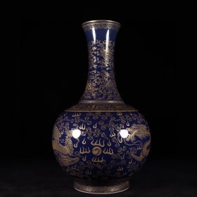大清光绪年制款祭蓝釉描金龙凤八宝纹赏瓶