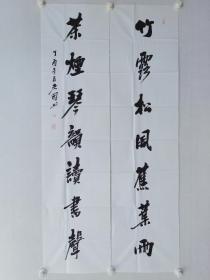 保真书画，曾先国书法对联，尺寸138×35cm×2，软片。曾先国，1956年出生于山东青州，中国美术家协会第八届理事，中国国家画院研究员，文化部中国画学会创会理事，山东省美术家协会顾问，山东省政协委员，原青岛市文联副主席、青岛画院名誉院长，青岛市美术家协会名誉主席、国家一级美术师，青岛理工大学美术学院硕士生导师，青岛科技大学美术学院硕士生导师，清华大学美术学院客座教授。