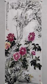 保真书画，杨谷标国画作品花鸟画一幅，149.5*66软片，杨谷标，笔名石谷号一方半斋主，中国美术家协会会员，国家一级美术师。中国国画家协会常务理事，中国工艺美术家协会名誉主席，中国书画名家研究会主席。北京书画院客座教授、江苏省国画院特聘画师、中国书画研究院高级美术师、中国艺联主席团副主席，中国名家书画院名誉院长，中国书画协会副主席等。
