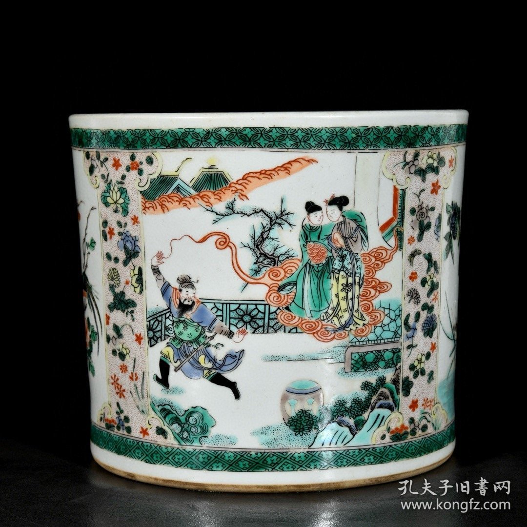 点击查看原图 清康熙五彩开窗人物花鸟故事纹笔筒;19.3x22厘米