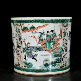 清康熙五彩开窗人物花鸟故事纹笔筒;19.3x22厘米