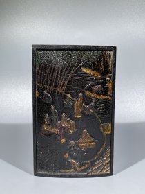 正宗徽州竹林七贤游春图，开片清晰，重约252g，13.4×8.2×1.8cm。可以用的墨