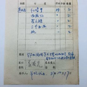 曾任人民美术出版社副社长张友元1987年签批，“华声报周倜送巴黎时报社长”用《红楼梦》《西厢记》《蔡文姬》等连环画册，人民美术出版社“样书领用单”一件